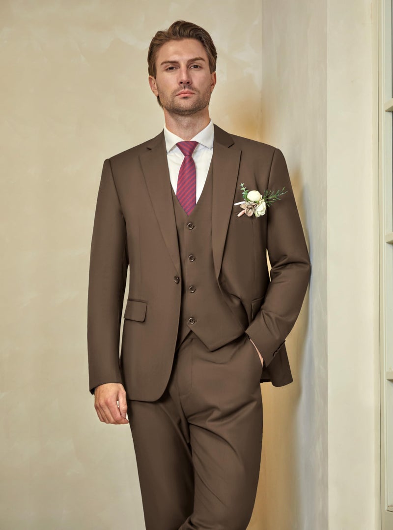 WULFUL Menâ€™s Slim Fit Suit One Button 3-Piece Blazer Dress Business Wedding Party Jacket Vest & Pant Brown - Image 3